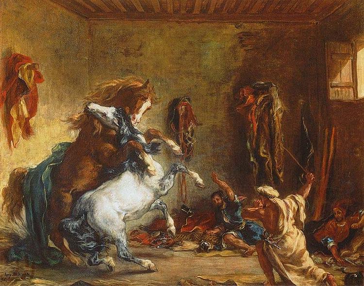 Eugene Delacroix Arab Horses Fighting in a Stable oil painting picture